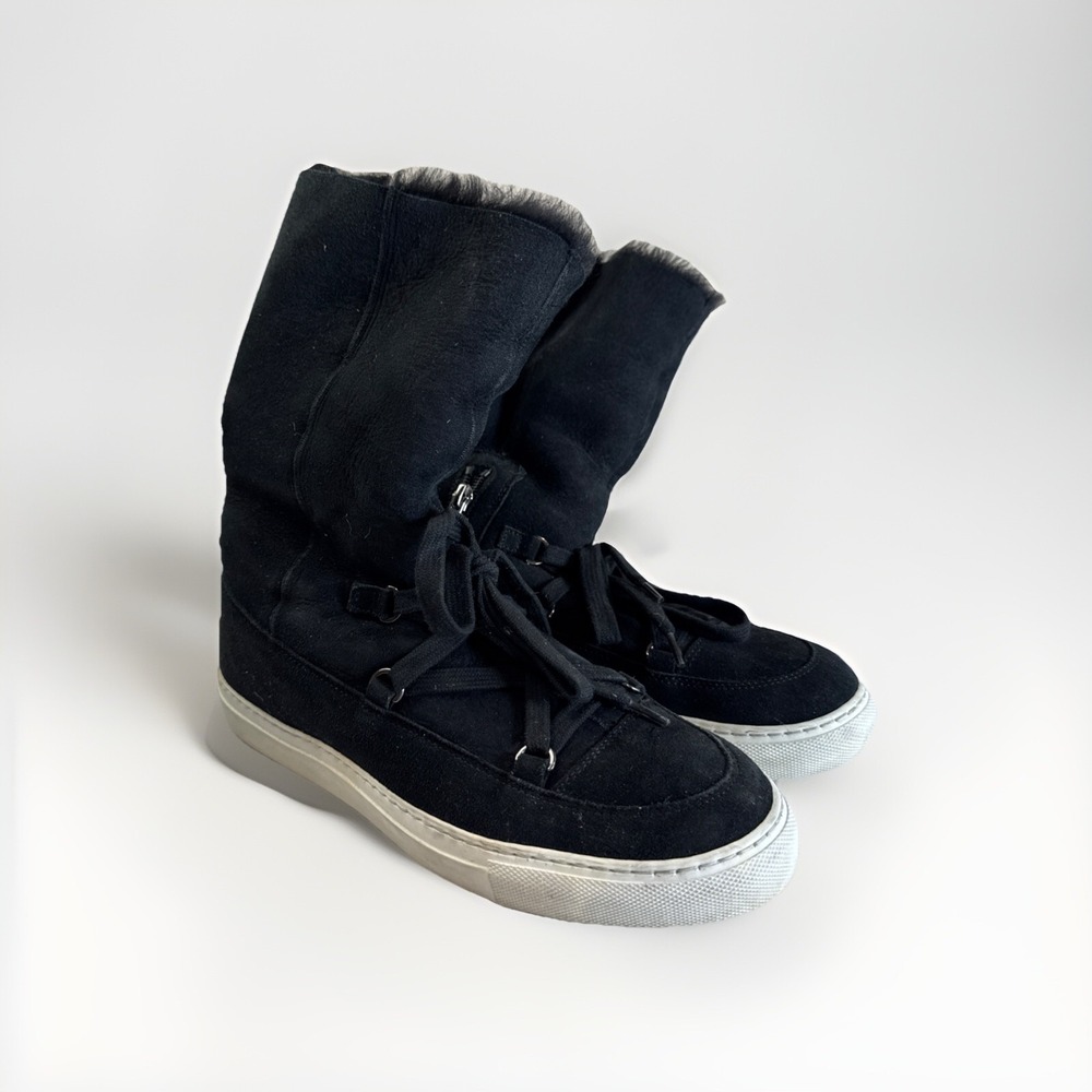 Aquatalia‎ Women Boots 8 Black Suede Shearling Mid Calf Classic Italian Luxury